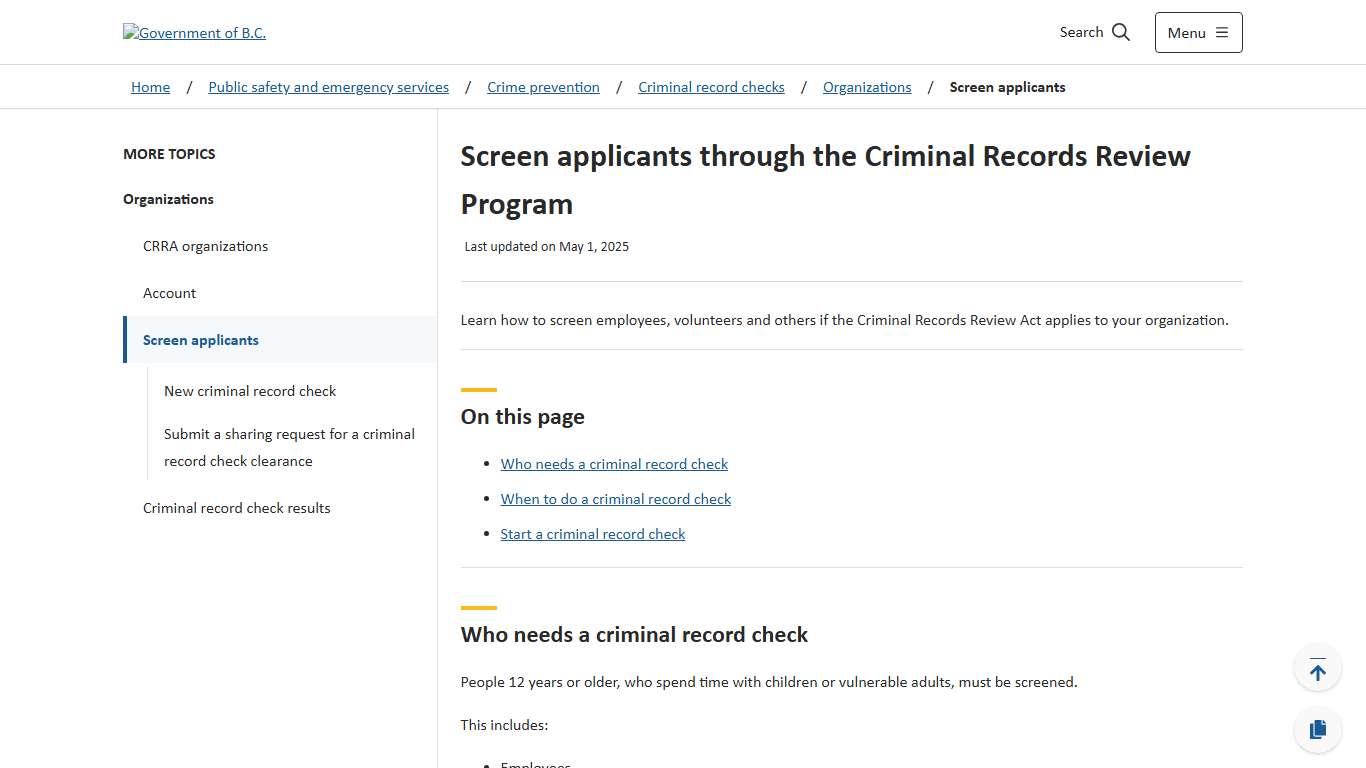 Screen applicants through the Criminal Records Review Program - Province of British Columbia