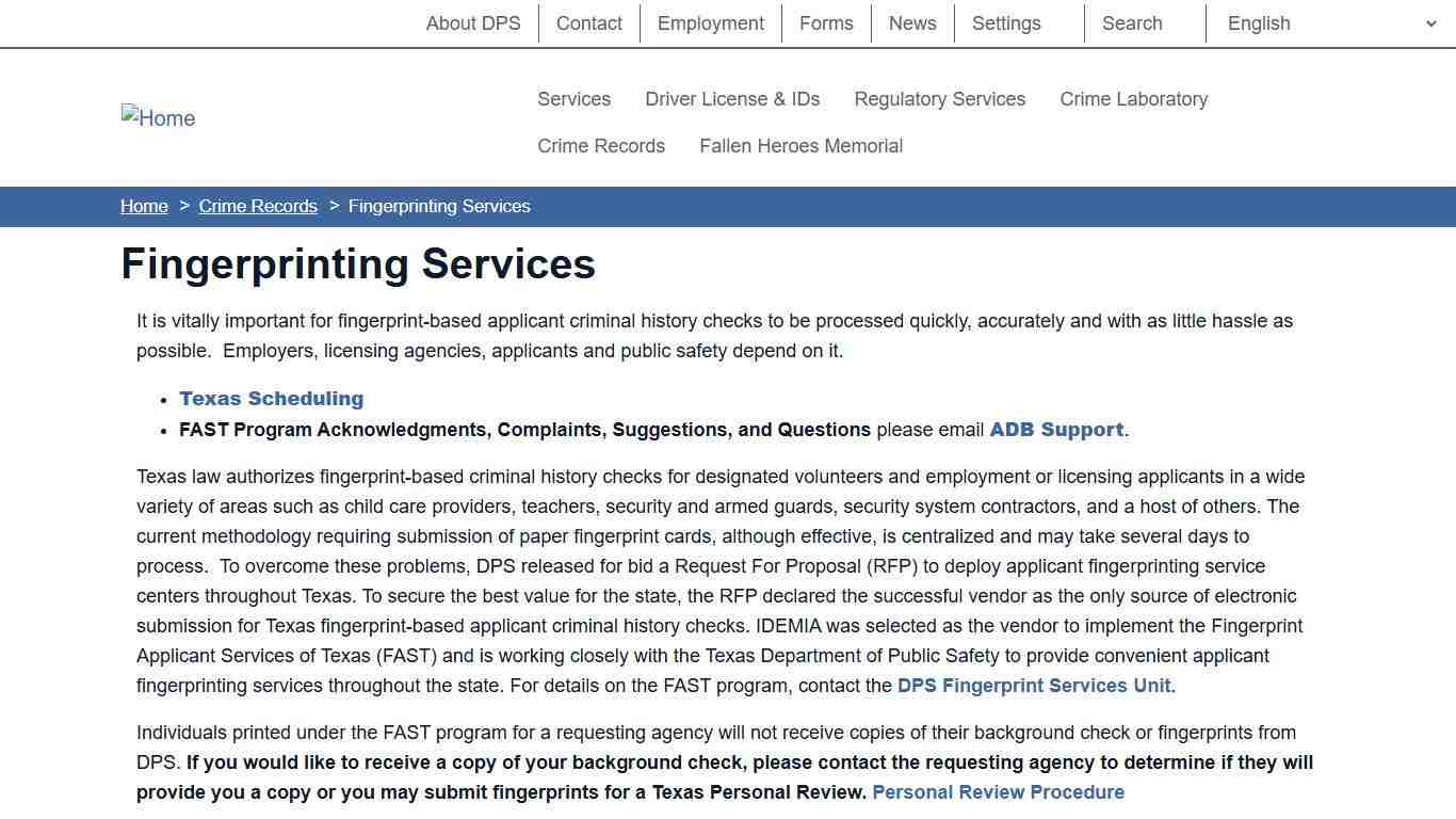 Fingerprinting Services Department of Public Safety